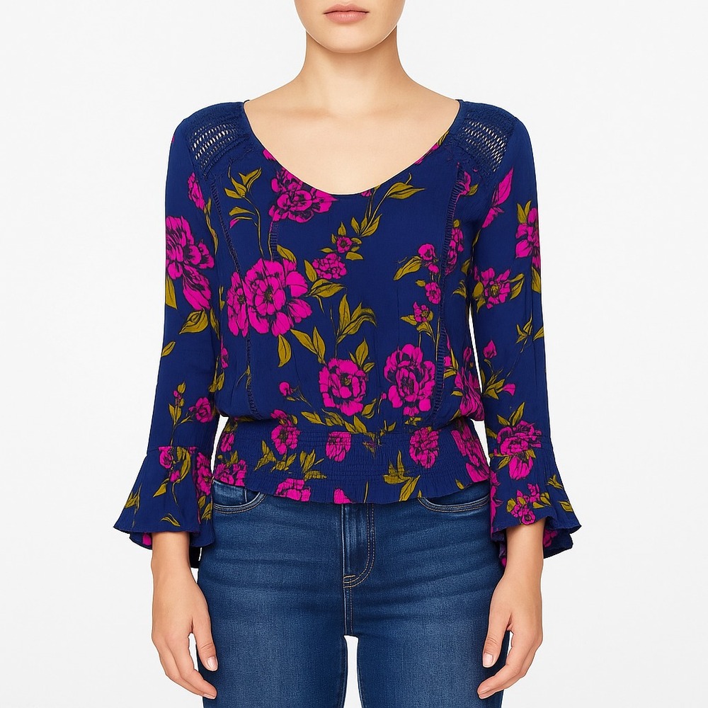 Express‎ Womens Navy Floral Smocked Boho Top M Lace Trim Long Sleeve Blouse